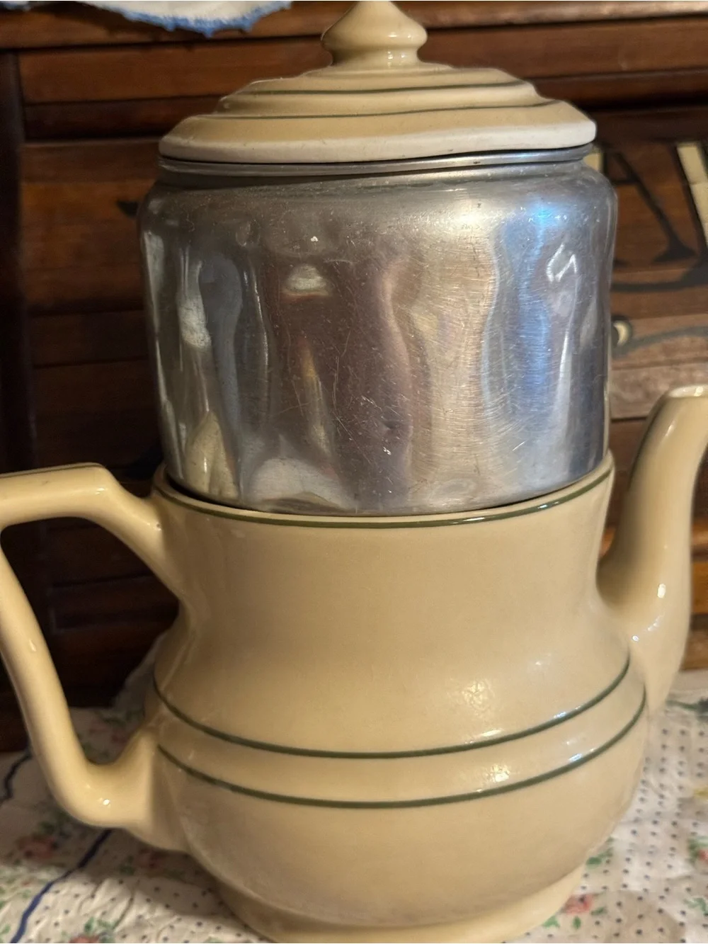 Cream Ceramic Stovetop Percolator Coffee Pot with Stainless Steel Insert